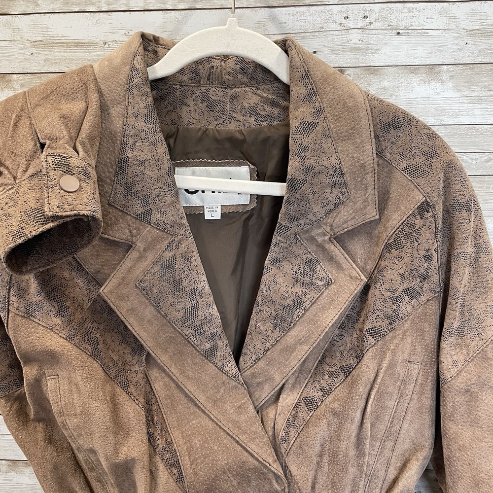 Vintage 80's Chia Womens L Jacket Bomber Brown Leather Cropped Cinch Waist Snake